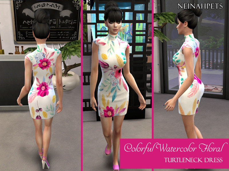 Sims 4 The Sims Resource | Colorful Watercolor Floral Turtleneck Dress (MESH REQUIRED) by TSR Creator