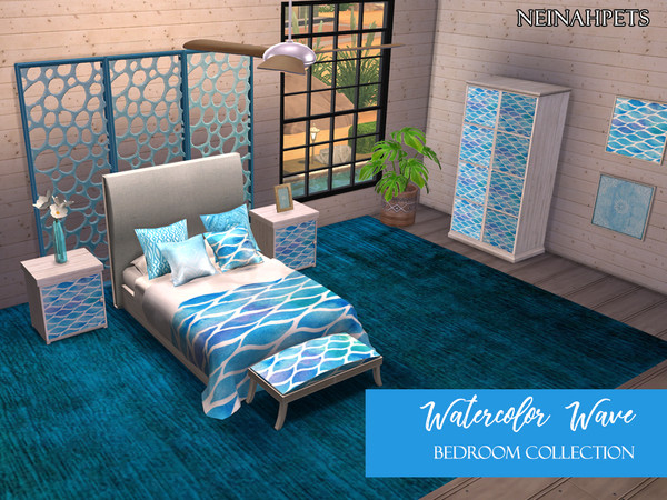 Sims 4 — Watercolor Waves Bedroom Collection (Mesh Required) by neinahpets — A beautiful blue watercolor wave bedroom