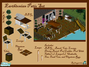 Sims 1 — Earthtonian Patio Set by frogger1617 — Includes: Tree, BBQ, Chair, Bench, Pool Ladder, Slide, Diving board,
