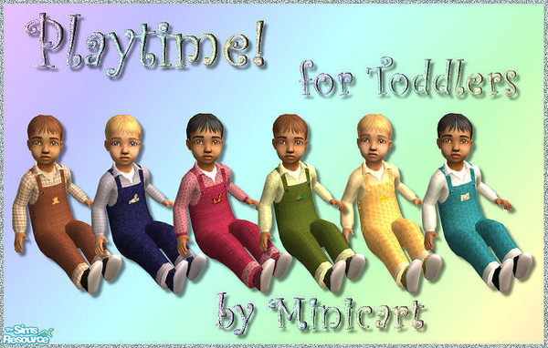 Sims 2 — Playtime! by minicart — Set of six dungarees for your toddler in red, blue, green, brown, turquoise and yellow.