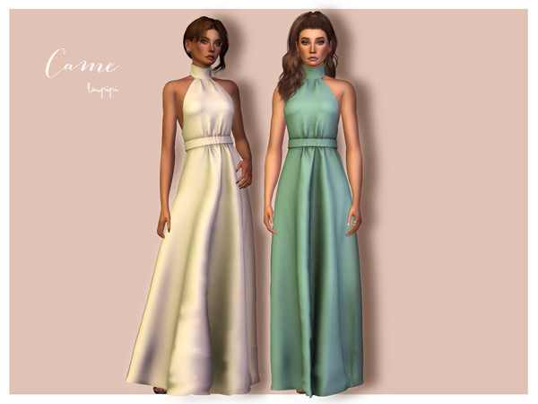 Sims 4 — Came by laupipi2 — New long dress tied to the neck with belt. Enjoy! -Custom mesh -10 Swatches -Custom normal