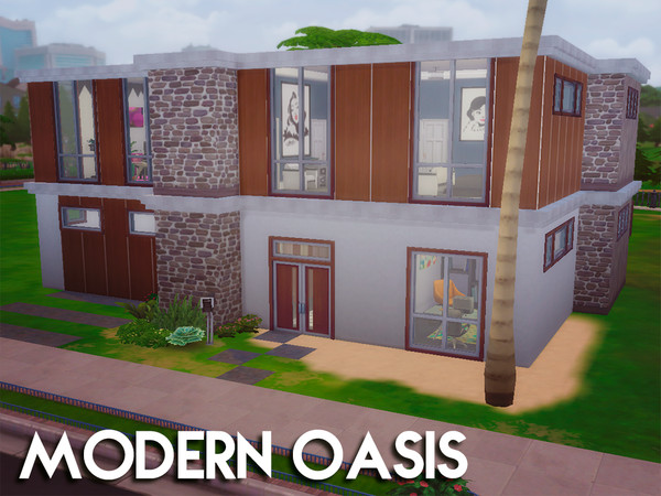 Sims 4 — Modern Oasis - NO CC! by JulyArmstrong — This house has 3 bedrooms, 4 bathrooms, an open kitchen / dining /