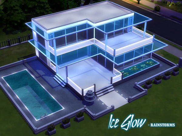 Sims 4 — Ice Glow (Unfurnished) by RainStorms — A modern house with cool blue and white, icy glass illumination