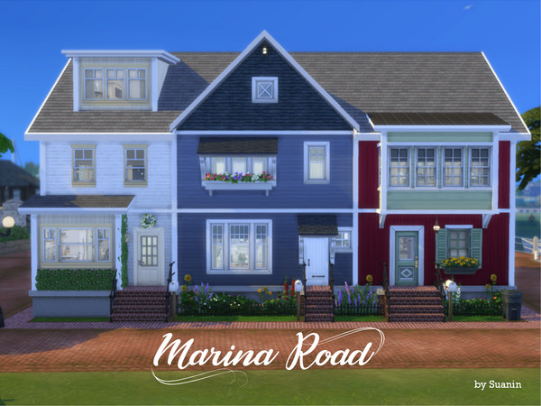 Sims 4 — Marina Road (no CC) by Suanin — The three colorful townhouses that make up Marina Road are located right next to