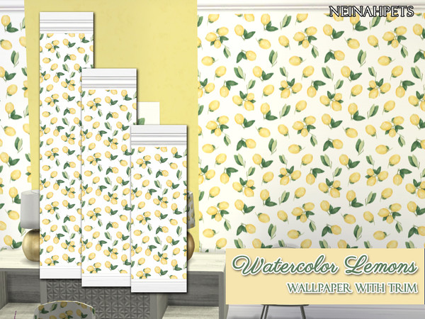 Sims 4 — Watercolor Lemons Wallpaper by neinahpets — This shabby chic wallpaper features beautiful country style