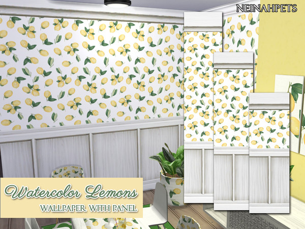 Sims 4 — Watercolor Lemons Wallpaper with Panel by neinahpets — This country wallpaper features beautiful watercolor