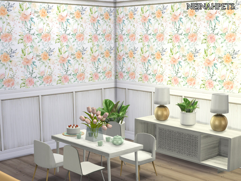 The Sims Resource | Shabby Chic Watercolor Floral Wallpaper with Paneling