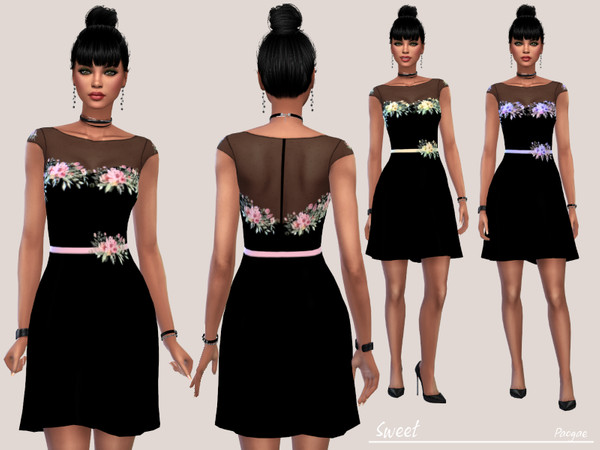Sims 4 — Sweet by Paogae — A short romantic dress, black with floral pattern in three colors, pink, yellow and purple, to