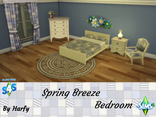 Sims 4 — Spring Breeze Bedroom Set by Harfy2 — This bedroom set includes: double bed, armchair, dresser, end table and