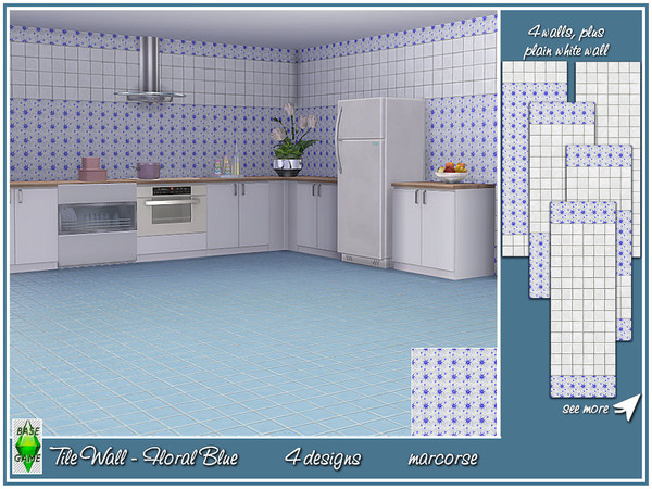 Sims 4 — Tile Wall - Floral Blue_marcorse by marcorse — White tile wall with a small, blue floral pattern. 4 wall