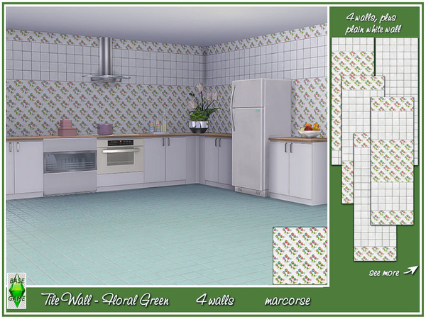 Sims 4 — Tile Wall - Floral Green_marcorse by marcorse — White tile wall with a small, green floral pattern. 4 wall