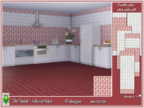 Sims 4 — Tile Wall - Floral Red_marcorse by marcorse — White tile wall with a small, red floral pattern. 4 wall