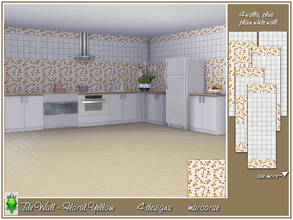 Sims 4 — Tile Wall - Floral Yellow_marcorse by marcorse — White tile wall with a small, yellow floral pattern. 4 wall