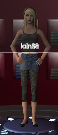 Sims 2 — Jean Skirt with Camo Leggings by Lain88 — A jean skirt with a pair of camo leggings underneath.