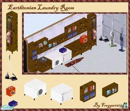 Sims 1 — Earthtonian Laundry Room by frogger1617 — Includes: Broom, Above Cabinets(5), Cabinets (2), Counter, Detergent,