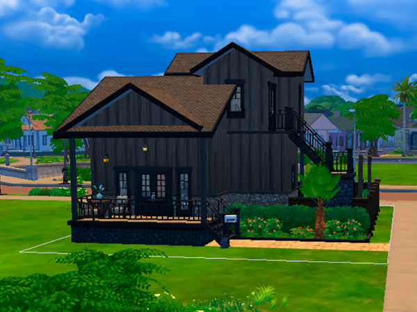 Sims 4 — Mountain Lodge by Egy922 — A 20x15 lot, with warm tones and a lot of dark wood! One bedroom and two bathrooms.