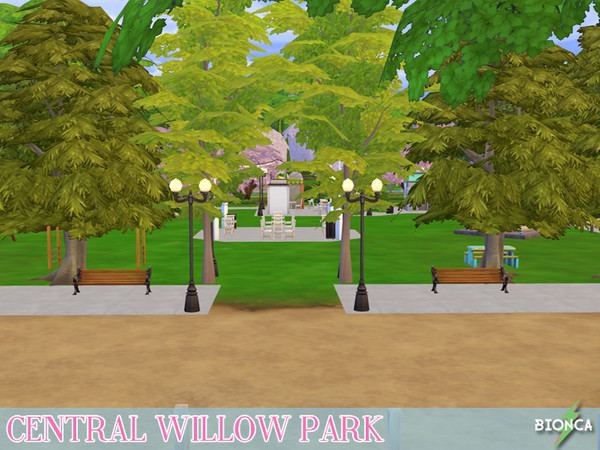 Sims 4 — Central Willow Park by bionca — Community park with playground area, 2 public bathrooms, 4 food trailers, 2