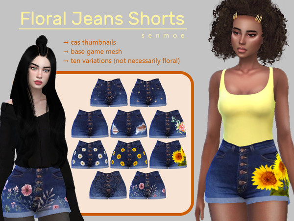 Sims 4 — Floral Jeans Shorts by Senmoe — Shorts come in 10 different variations. Hope you enjoy ^^