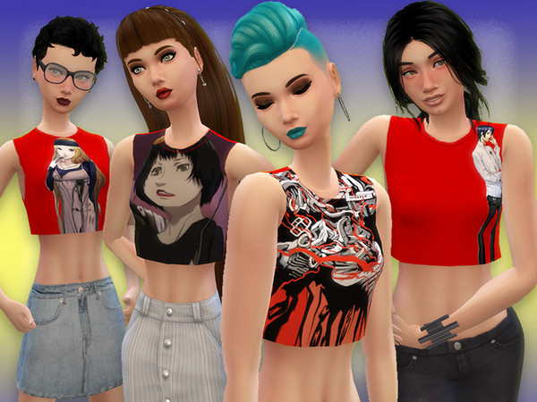 Sims 4 — Persona 5 Crop Tops by DNLX — Some crop tops with Persona 5 characters and designs.