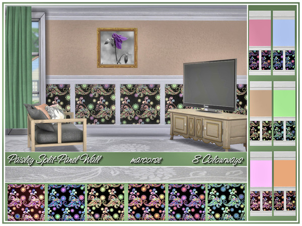 Sims 4 — Paisley Split-Panel Walls_marcorse by marcorse — Split panel wall with a paisley design in the lower portion and