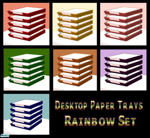 Sims 2 — Desktop Paper Trays - Rainbow Set by Creative Sim — Whether it's for work or for play, you need paper. And lots