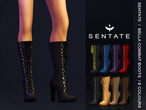 Sims 4 — Bella Combat Boots by Sentate — A edgy pair of high heeled lace up boots that come up just below the knee. I
