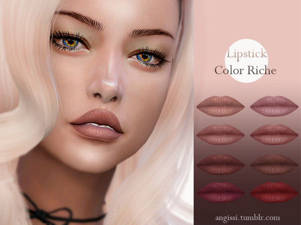 Sims 4 — lipstick-Color Riche by ANGISSI — *Base game *8 colors *HQ compatible *FEMALE *Works with all skins *Custom