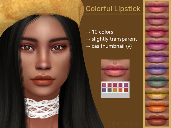 Sims 4 — Colorful Lipstick by Senmoe — Lipstick in 15 Colors. Hope you enjoy ^^