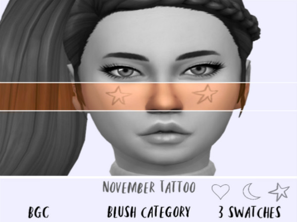 Sims 4 — November Tattoo by bixow2002 — BGC 3 Swatches Found under the blush category 