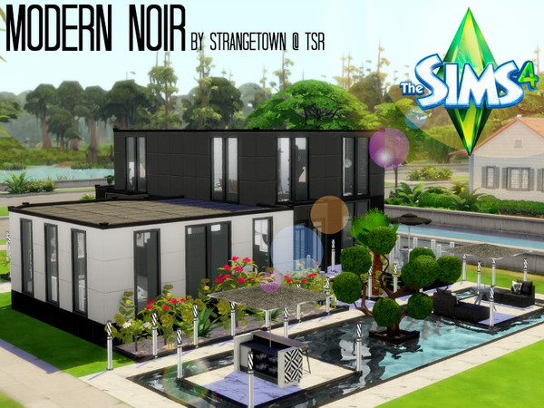 Sims 4 — Modern Noir by strangetown — This modern home has 3 bedrooms and 4 bathrooms. There is one master bedroom, one