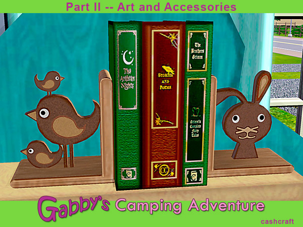 Sims 3 — Gabby's Camping Adventure Bookends Birds by Cashcraft — Children's woodland bookends with a rabbit, birds, and