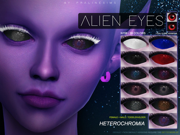 Sims 4 — Alien Eyes N159 Heterochromia by Pralinesims — Eyes in 39 colors, all ages and genders. Under facepaint, to be