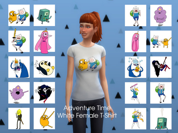 Sims 4 — Adventure Time White Female T-Shirt by Kykysim — Simple T-Shirt with your favorite characters on it!! - Base