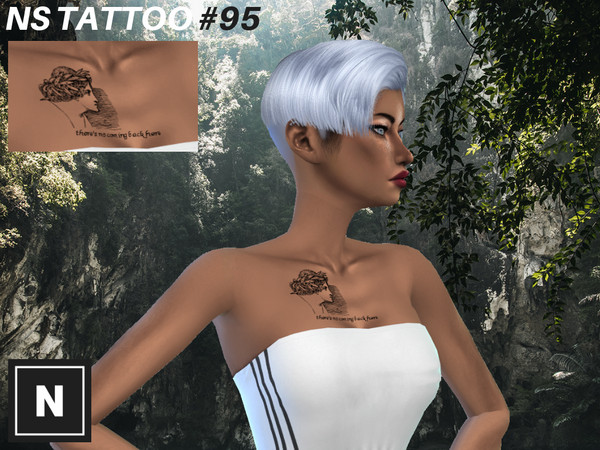 Sims 4 — NS Tattoo #95 - BACK by networksims — A chest tattoo featuring a lineart illustration of a woman and the quote
