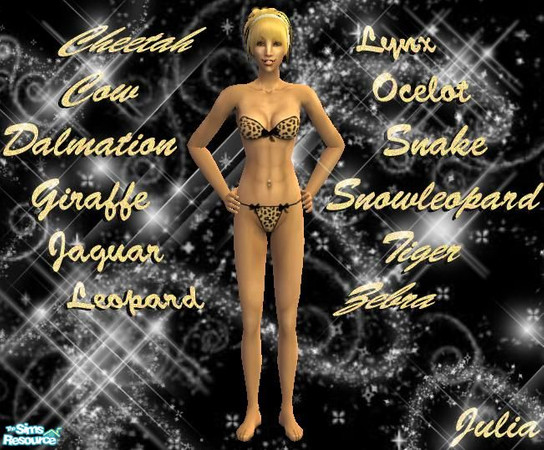 Sims 2 — Animal Print Bikini Set by tanzi420 — A set of animal printed strap-lee bikinis with black trim. Includes: