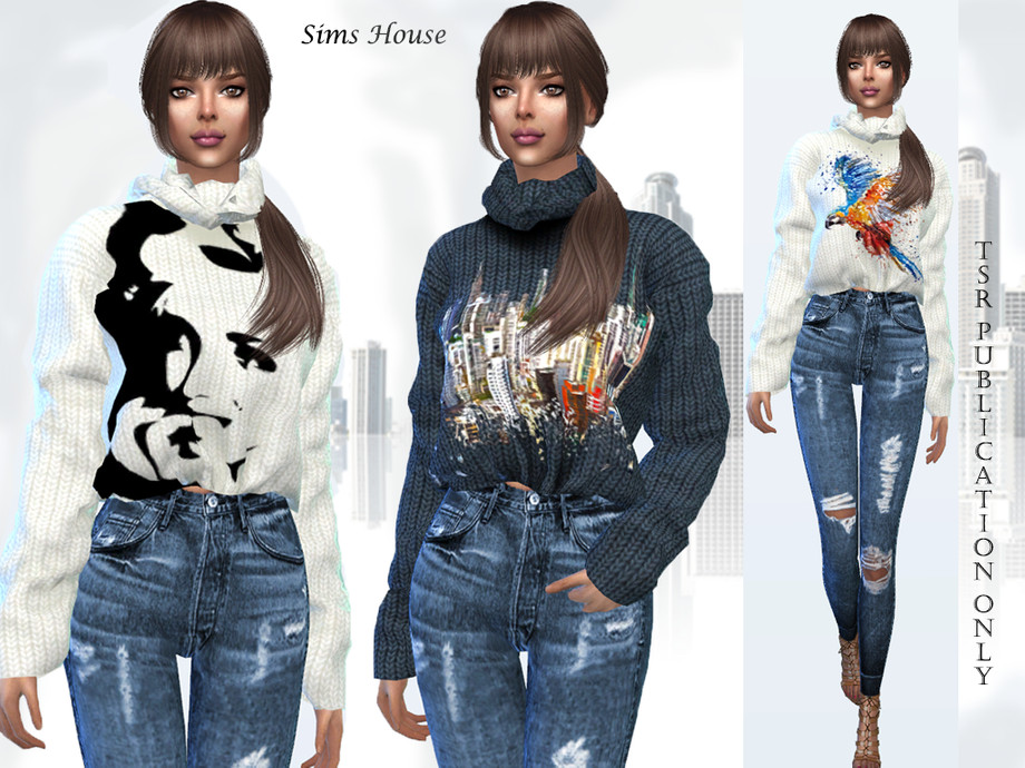 The Sims Resource - Women's knitted sweater with a collar and print