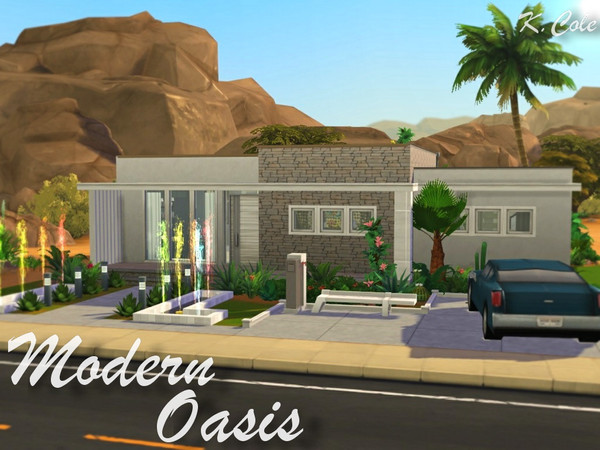 Sims 4 — Modern Oasis (No CC) by KCole — For a small sim family. Fully furnished and decorated. Inside: living room,