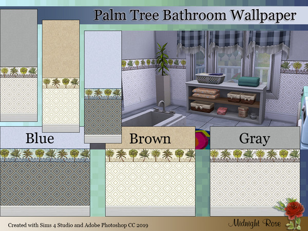 Sims 4 — Palm Tree border bathroom wallpaper by MidnightRose — Bathroom wallpaper with palm tree border. 3 colors
