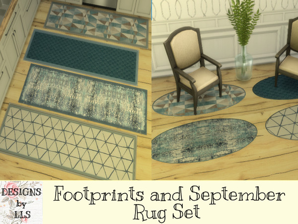 Sims 4 — Footprints + September Rugs Set by lavilikesims — Same pattern and colour 'Blue' different shapes on oval and