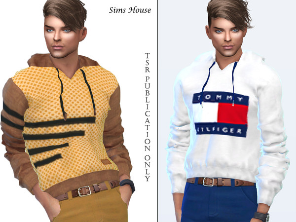 The Sims Resource - Men's sweater with a hood and print
