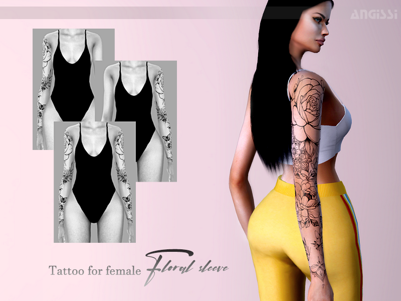 Sims 4 - Tattoo for female-Floral sleeve by ANGISSI - *3 options (black col...