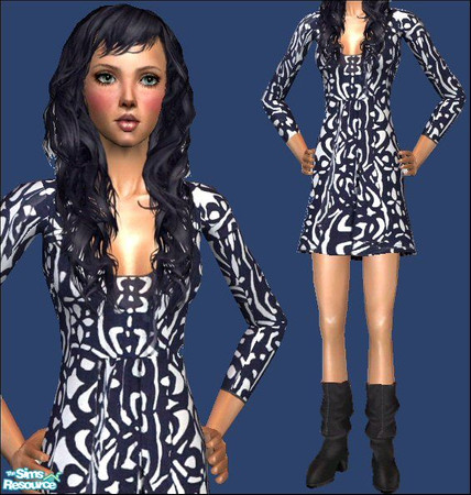 Sims 2 — Tunic & Slouch Boots [Mono] by Lola — Patterned Tunic Dresses Teamed With Slouch Boots. Very Cute &
