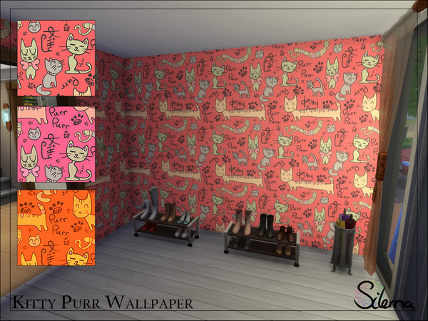 Sims 4 — Kitty Purr Wall by Silerna — Meow! Fancy up your house with bright Kitties!