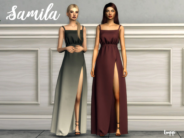 Sims 4 — Samila by laupipi2 — New long dress with a cut out! New mesh, all LODs All maps 18 Swatches Custom thumbnail