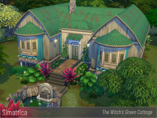 Sims 4 — The Witch's Green Cottage by Simattica — A rustic and weathered cottage on the outside, with shabby-chic charm