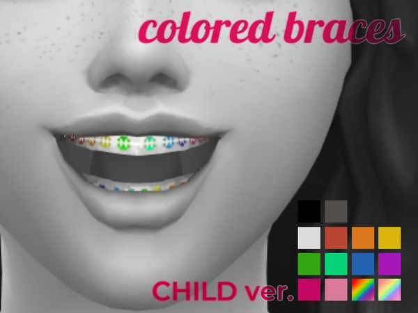 Sims 4 — Child Colored Braces by glutenfreesims — adds 14 swatches to the base-game braces. 12 solid color, 1 bright and