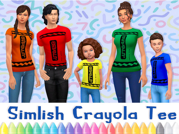 Sims 4 — Family Crayola Tee Set by mmoutfitters — 5 swatches (mango tango, scarlet letter, loser lemon, rain forest, and