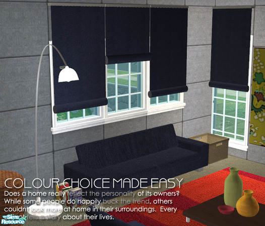 Sims 2 — Colour Choice Made Easy - denim blinds by Nanshi — Denim, Brown, Green, Grey, Orange and Red recolour of