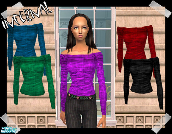 Sims 2 — Infernal Velvety Off-Shoulder Set by infernal_delirium — A set of 5 rich, velvety off-shoulder long sleeve tops