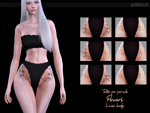Sims 4 — Tattoo for female-Flowers-Lower body by ANGISSI — *3 options (black+ white color) *Category-Tattoo Lower body